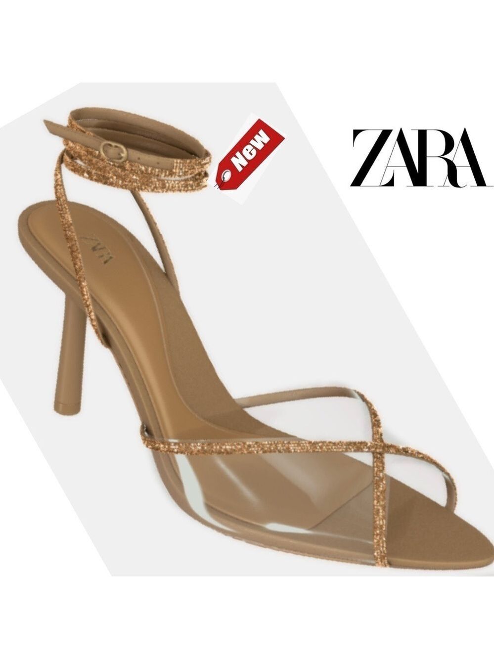 Zara Sandy Brown Crystal rhinestone lace up vinyl strappy high heel sandals 6.5 - Picture 1 of 10